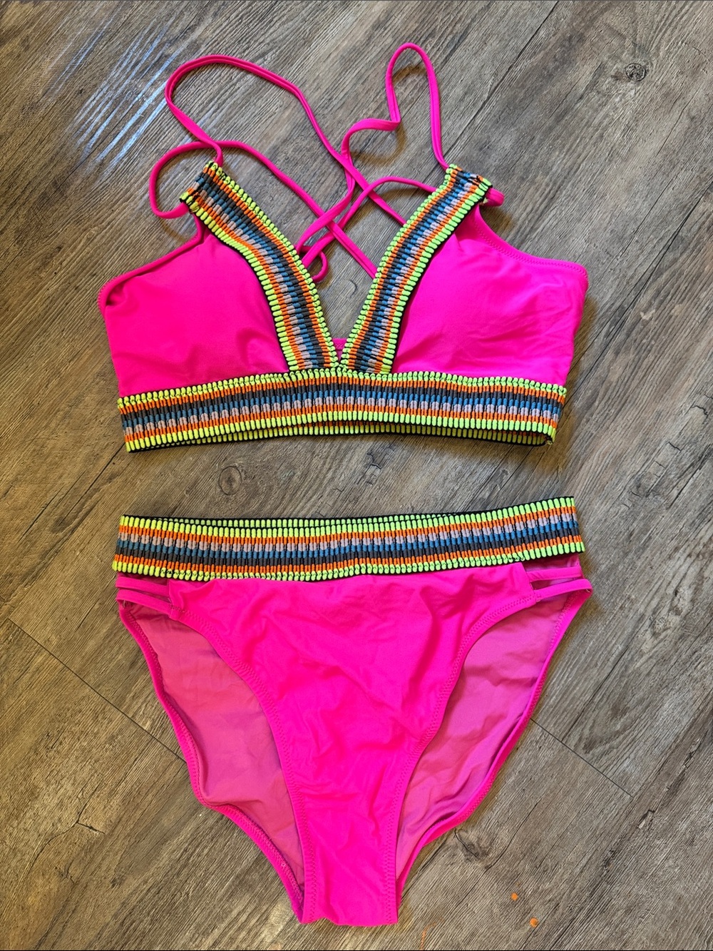 Bright Pink Crochet-Trim Strappy Bikini Set